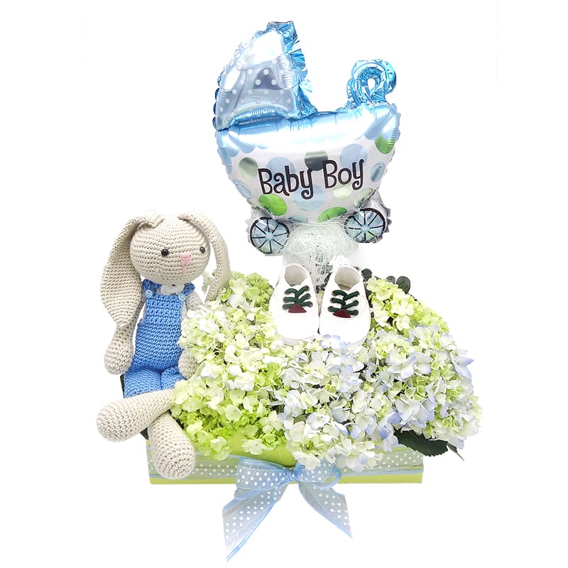 regalo bebe conejo flores y globo
