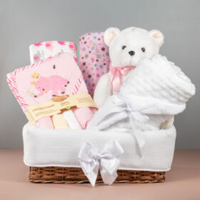 Canatilla para bebé niña, canastilla de regalo para bebé niña, detalle especial para bebé, regalo para nacimiento, regalo para baby shower, detalle para recién nacida con productos de aseo para el bebé, bata de baño o salida de baño y toalla