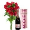 Arreglo de rosas rojas con Champaña moet chandon rose