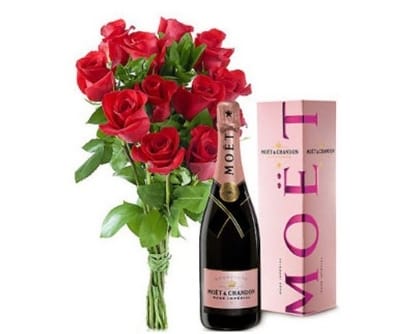 Arreglo de rosas rojas con Champaña moet chandon rose