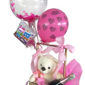 Regalo para mujer con oso de peluche y champaña chandon rosé con globos