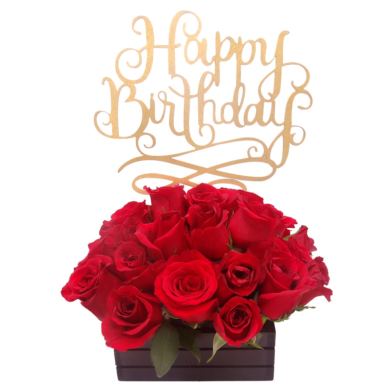Hermoso arreglo de rosas con letrero de Happy Birthday