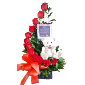 Arreglo de Rosas en escalera con osito de peluche