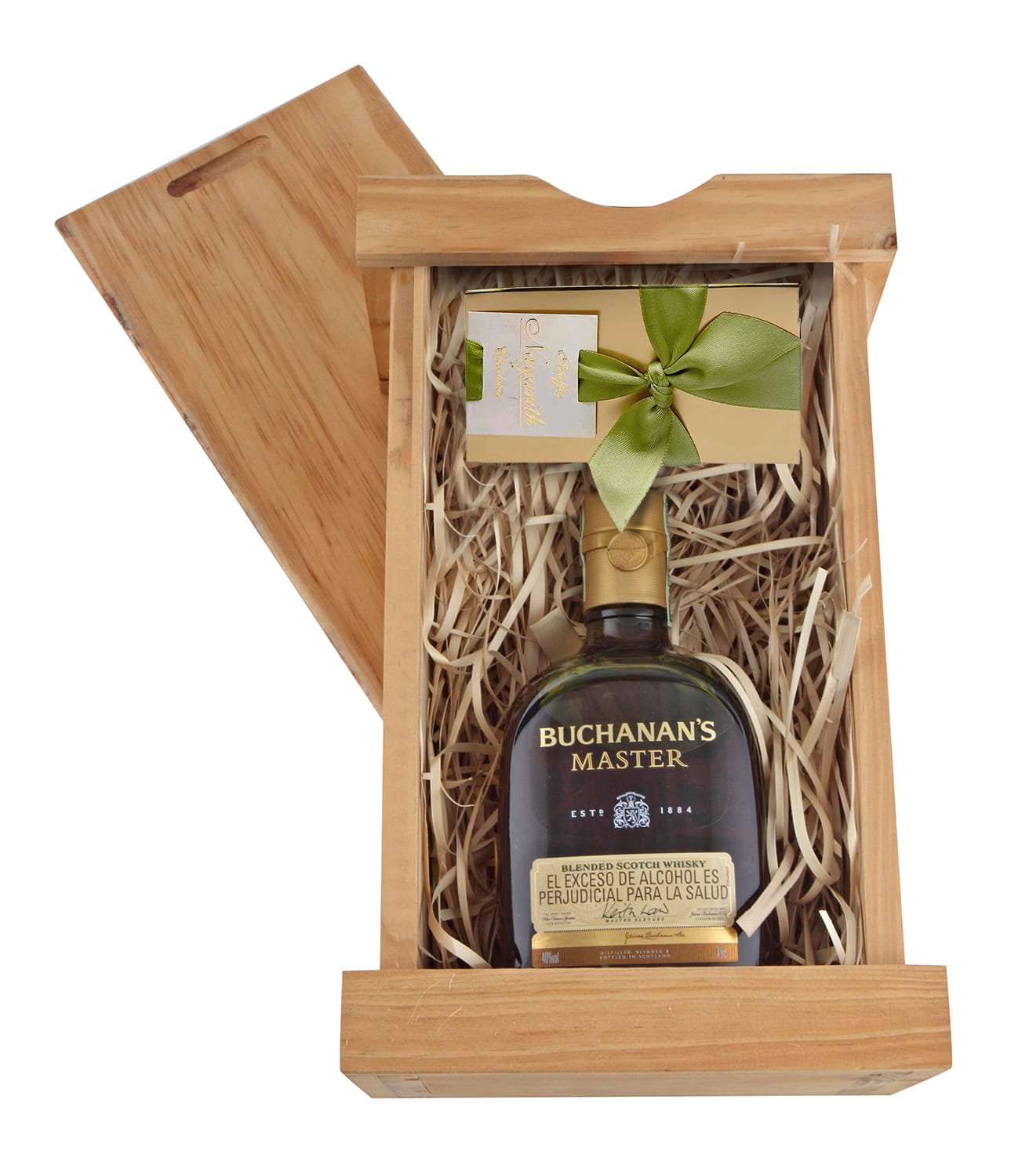 Botella de whiskey buchanans Master con trufas nayarith para regalar en caja de madera decorativa