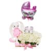 regalo de nacimiento con peluche tejido en crochet y hortensias
