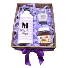 caja con botilito metálico personalizado nutella y vela