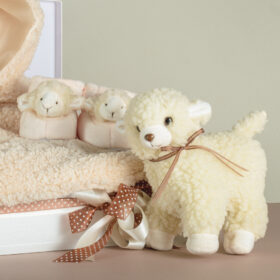 caja de regalo para bebe con ruana de lana peluche y babuchas de ovejita