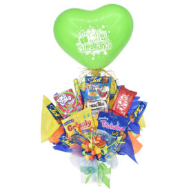 ancheta con dulces variados en pequeña cajita con globo de latex