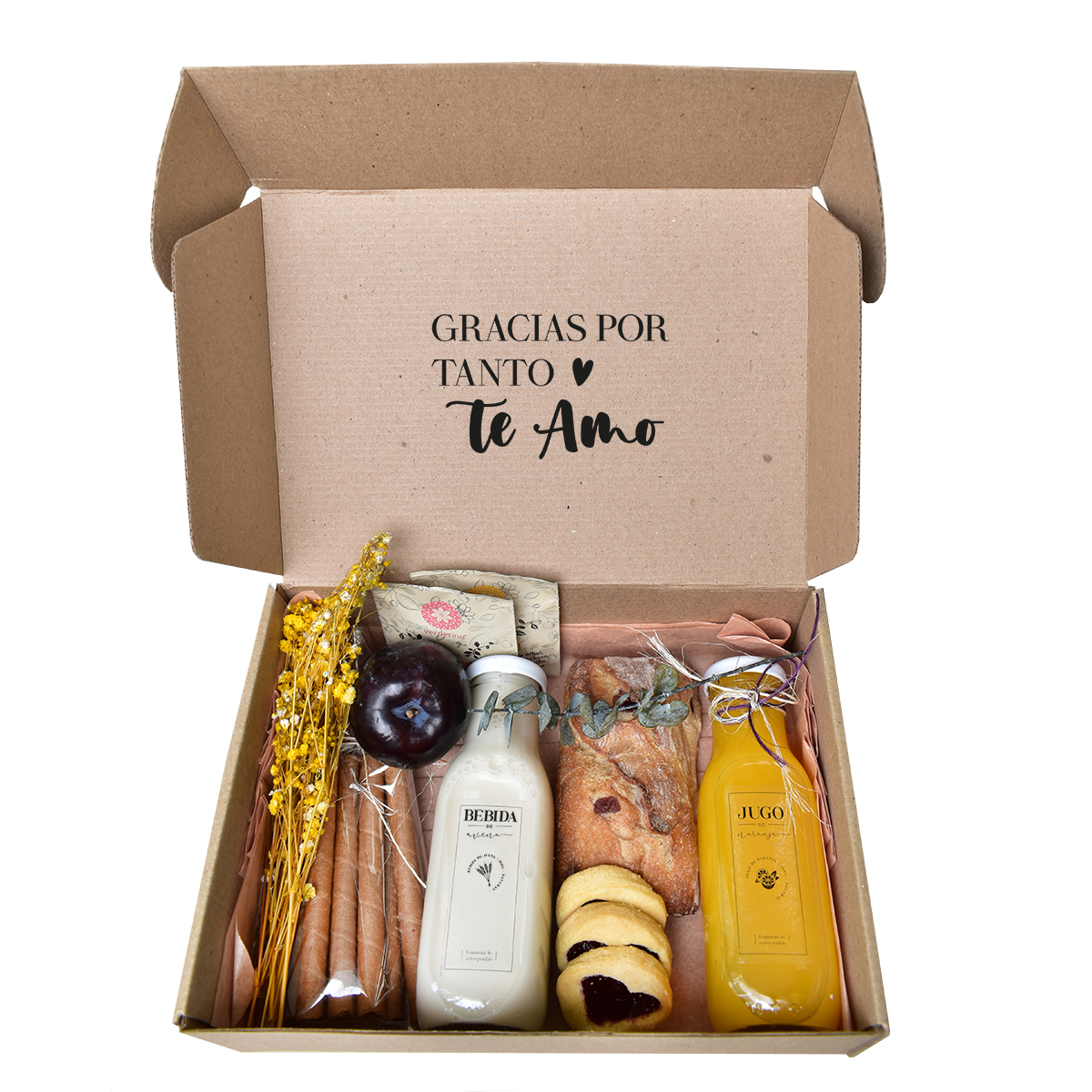 Desayuno sorpresa en caja personalizada con bebidas y panecillos, galletas y aromáticas