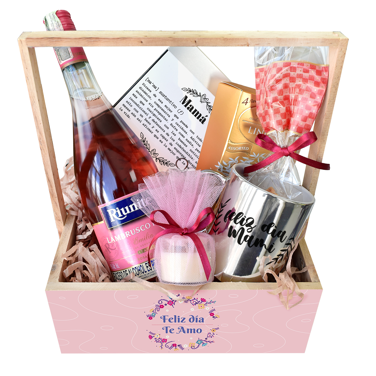 regalo para mamá con vino rosado y mug de espejo personalizado