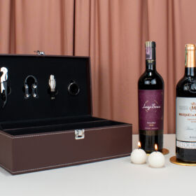 Duo de vinos para regalar con fina vinera que incluye accesorios para vinos, vinos para navidad, regalo de vinos, botellas de regalo