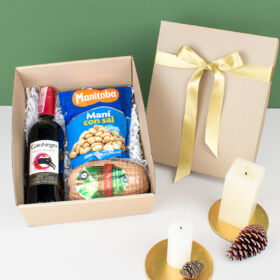 Oferta especial regalo gourmet, regalo especial, caja de regalo, regalo con vino tinto, vino con frutos secos y jamón.