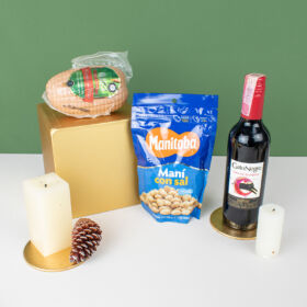 Oferta especial regalo gourmet, regalo especial, caja de regalo, regalo con vino tinto, vino con frutos secos y jamón.