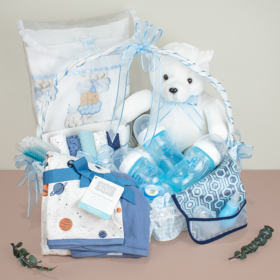 Canatilla para bebé, canastilla de regalo para bebé, detalle especial para bebé, regalo para nacimiento, regalo para baby shower, detalle para recién nacido, con osito de peluche, set de biberones, mantas y almohada para bebé, babero