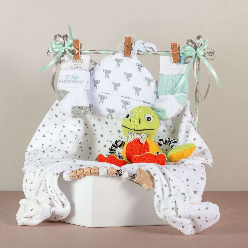 cesta de regalo unisex para bebé sin género, pijama térmica para bebé, gorrito, set de medias, peluche de rana móvil, regalo unisex, detalle unisex para bebé, regalo sin genero, Regalo para bebé, detalle para recién nacido, regalos para bebé en Bogotá, regalos personalizados para bebé, baby shower, regalos de babyshower, detalle por nacimiento, regalo por nacimiento.