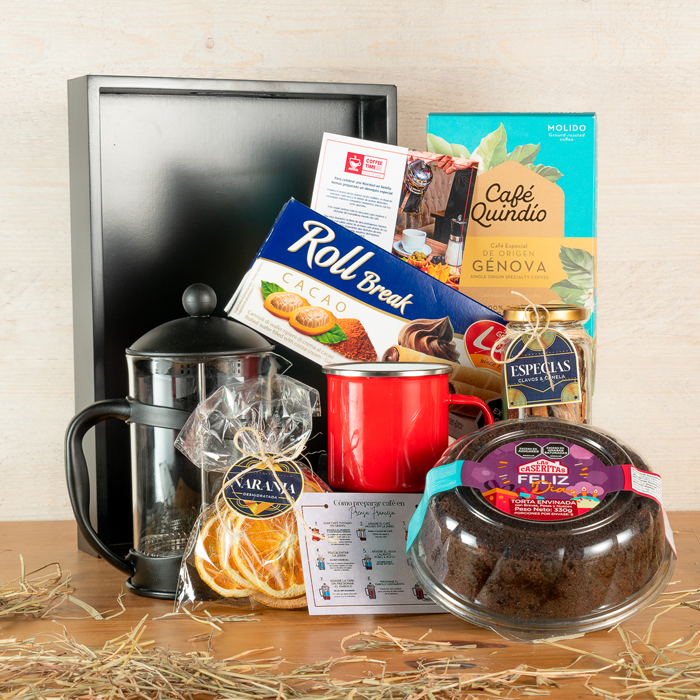 ancheta gourmet de experiencia de café, cafétera gourmet vintage, café quindió, café con torta envinada para compartir, regalos de café con galletas, para regalar en navidad, regalos a domicilio, regalos en bogotá, regalos en colombia