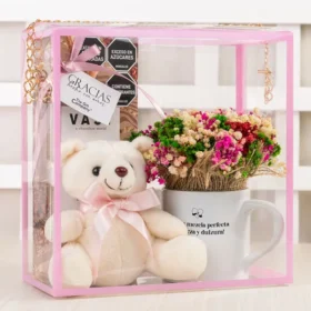 regalo para mujer con mucho amor, flores en pocillo para regalar, osito de peluche para regalo romántico, regalo para dama, día de la mujer, chocolates flores y peluche