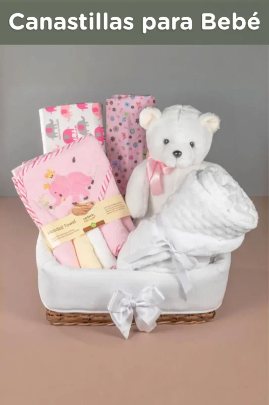 Imagen con el texto Canastilla para Bebé, destacando regalos tiernos y personalizados para recién nacidos.